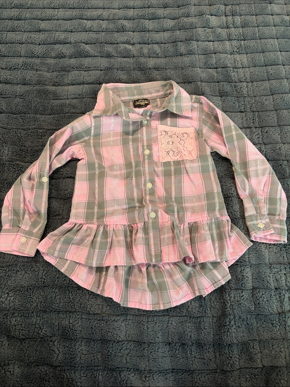 Pink & Gray Plaid Ruffle Hem Shirt with Lace Pocket